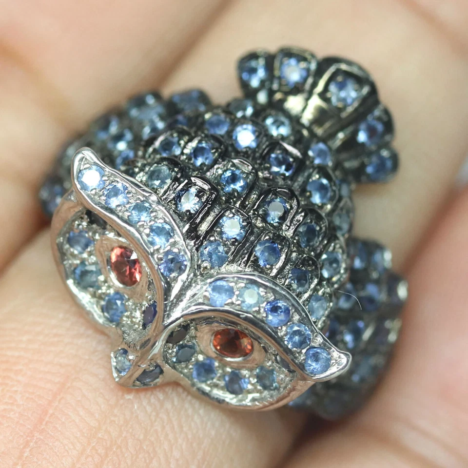 Anillo Joyería Búho Zafiro Azul y Naranja Piedras Preciosas Plata 925 Talla 7.5 Foto 2 de 4