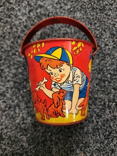 Vintage Ohio Art Tin Litho Sand Pail Graphics Of Children with Puppies
