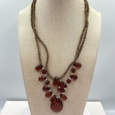 VTG Boho Amber Toned Double Strand Beaded Statement Necklace Retro Earthy Chic