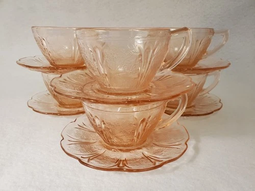 6 Jeannette Cherry Blossom Pink Depression Glass Cups & Saucers