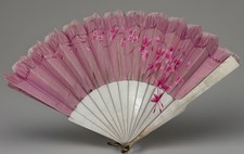 Antique Fan Hand Painted Pink Floral Large Ruffle Top As Is Vintage Satin Silk 