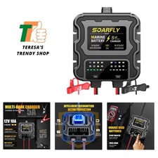2 Bank Marine Battery Charger, 10A 5A/Bank 12V Waterproof On BOAD Boat Batter...