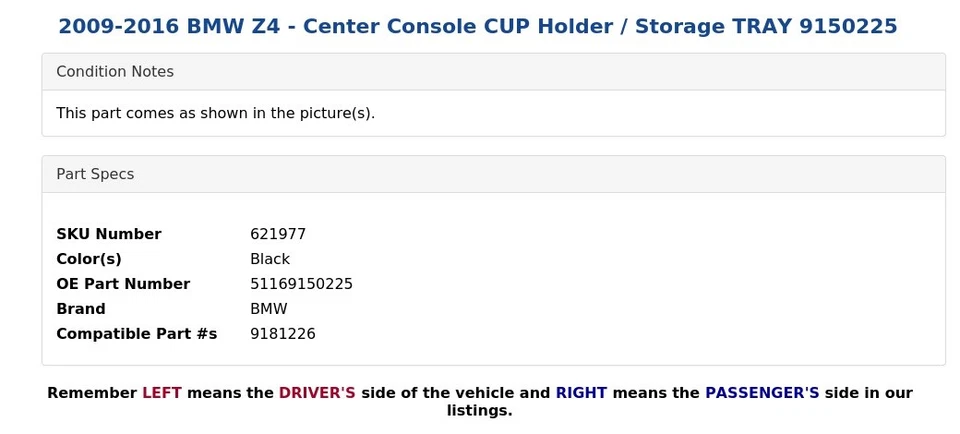 BMW Z4 2009-2016 - Consola central soporte para taza/bandeja de almacenamiento 9150225 Foto 4 de 4