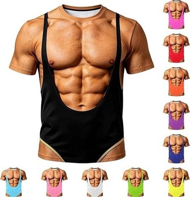Funny 3D Muscle Tattoo T-Shirt Realistic Six Pack Abs Chest Print Costume Tee