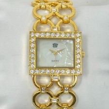 Elizabeth Taylor Watch Women Gold Tone MOP Crystals Round Links New Batter 7.75"