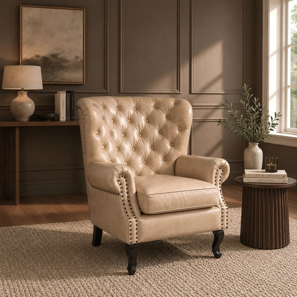 ELM Home and Garden Sherbourne Cream Leather Wingback Fireside Chair