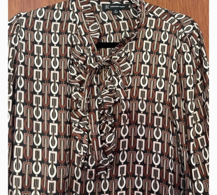 NWOT Inc International Concepts Women's Ruffled Blouse Jolie Chain Brown Size L
