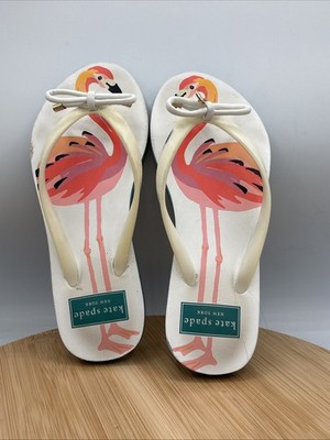Kate Spade New York Flamingo Flip Flop Sandals Size 5 White Pink Bow Charm Beach