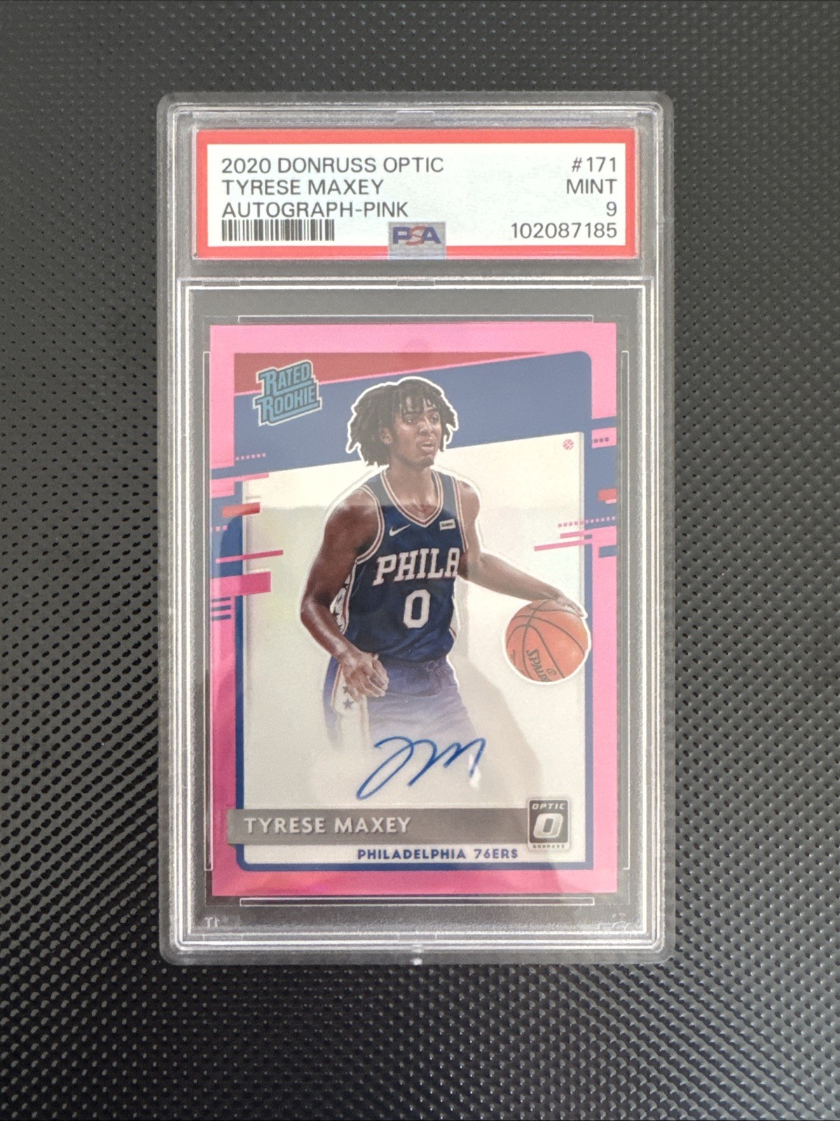 Tyrese Maxey 2020 Panini Donruss Optic Rated Rookie Pink RC Auto /25 #171 PSA 9