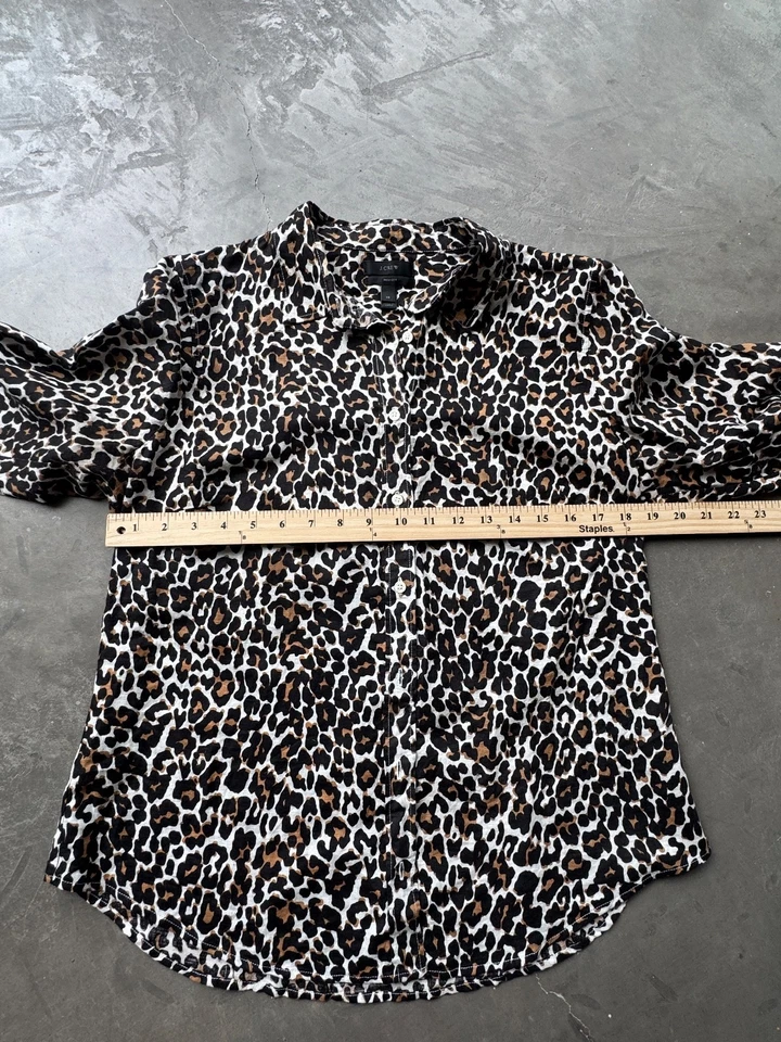 Camisa J.Crew Lino Algodón Ajustada Perfecta Abotonada Estampado Leopardo Talla 14 Foto 3 de 4