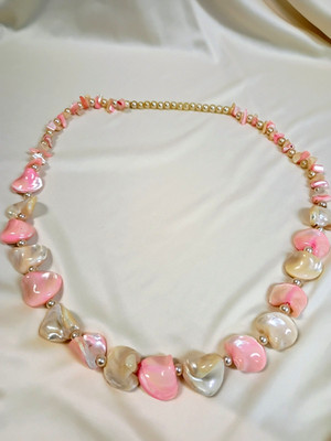 Vintage Pink & White Mother Of Pearl Chunky Necklace MOP Chips With Pearl Beads