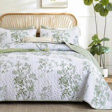 Green Floral Quilt Set Queen,Botanical Leaf  Butterfly Pattern Quilts Bedspread