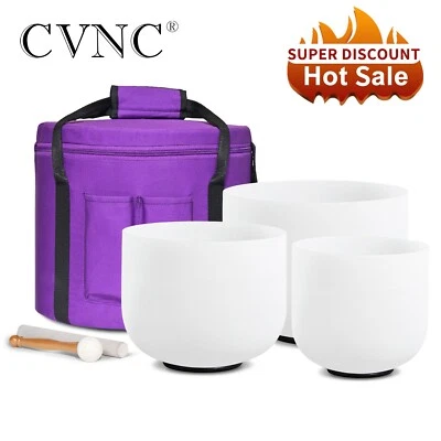 CVNC 432Hz 8"A 10"F 12"C 3Pcs Set Quartz Crystal Singing Bowl W/ Carry Bag Sound Bath