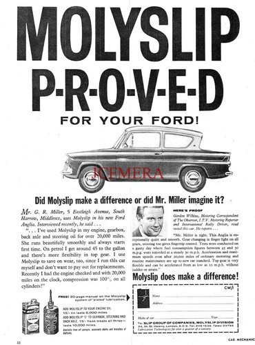 "MOLYSLIP" Kraftfahrzeug Öl Beilage Ford Anglia ANZEIGE 1962 Printanzeige 700/96