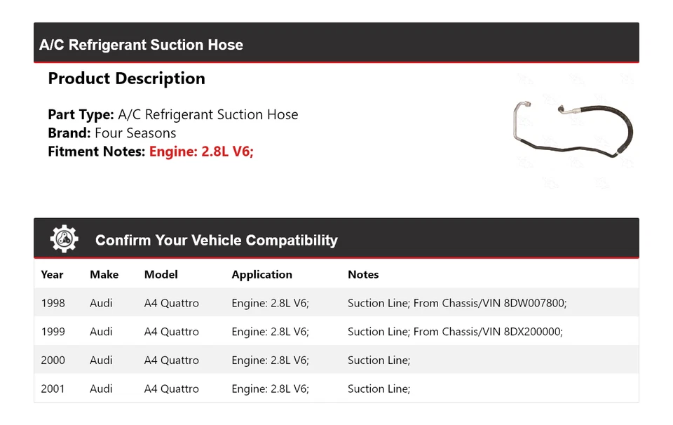 Manguera de succión de refrigerante aire acondicionado V6 2,8 L 1998-2001 Audi A4 Quattro 4 estaciones Foto 2 de 4