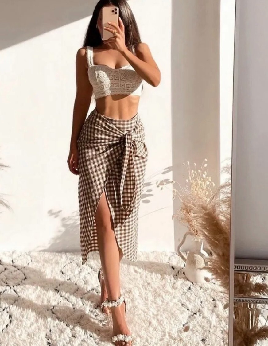 BNWT Brown Cream ZARA Gingham Wrap Midi Skirt XS 6/8 26