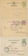 WÜRTTEMBERG GANZSACHEN 1887/1895 3 versch Kab.-GA CALW, ELLWANGEN und KÜNZELSAU