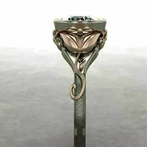 Art Deco Style Lab Created Diamond Engagement Ring 14K White/Rose Gold Plated - Afbeelding 4 van 5
