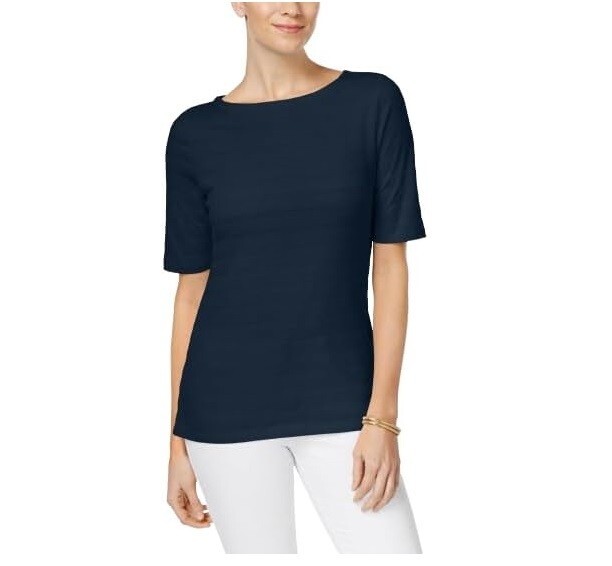 Charter Club Womens M Intrepid Blue Textured Short Sleeves Top NWT BO45
