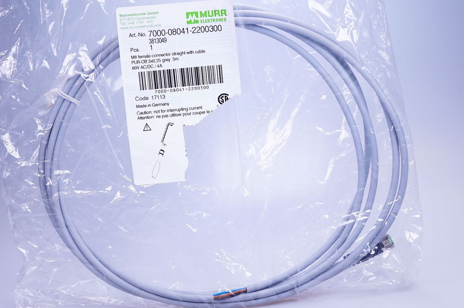 Murr 7000-08041-2200300 Connection Cable M8 Bu. 0° A-code Free End 3m New
