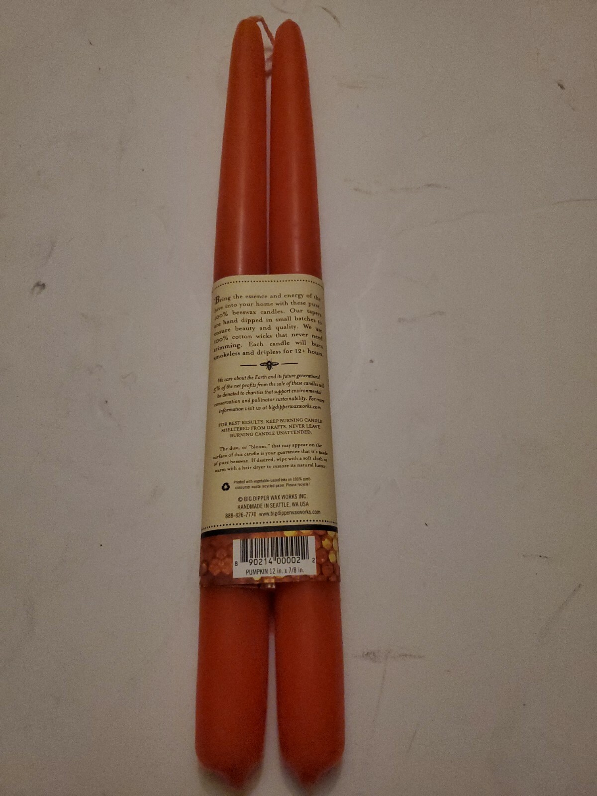 NWT, 100% Beeswax Big Dipper Wax Works, Hand Dipped 12" Tapers, Pumpkin 