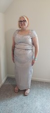 Plus Size Adrianna Papell Nude with Silver Striping Gown, Size 14
