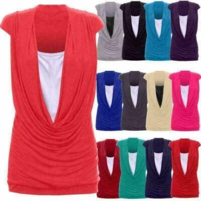 Womens Ladies Ruched 2 In 1 Cowl Neck Sleeveless Vest T Shirt Top Plus Size 8-22