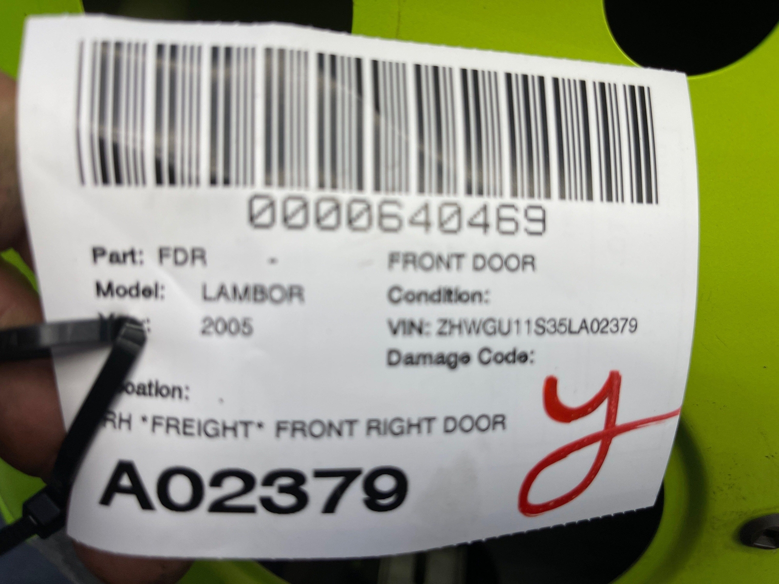 2003-2008 LAMBORGHINI GALLARDO FRONT RIGHT DOOR SHELL VERDE ITHACA (0077) *NOTE*