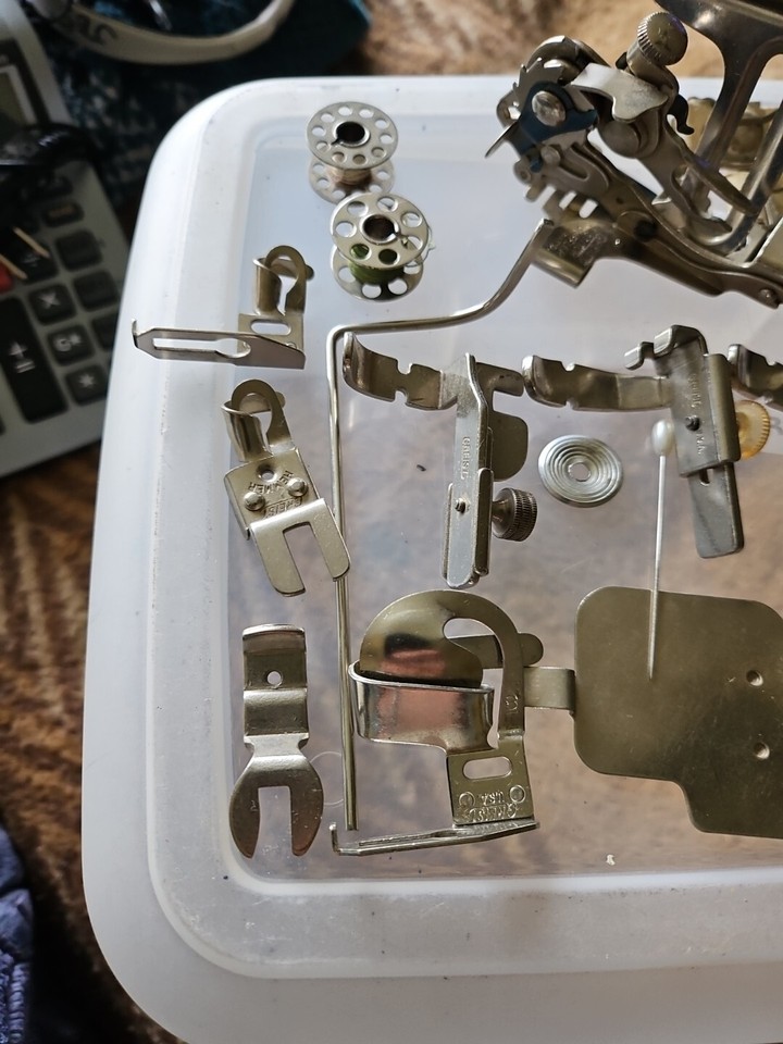 Lot of Vintage Greist Rotary Sewing Machine Attachments, parts, Spools