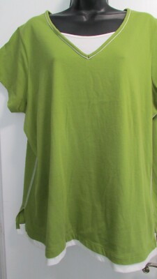 Womens 1X Green & White SS Knit Pullover Shirt Top Blouse JASON MAXWELL