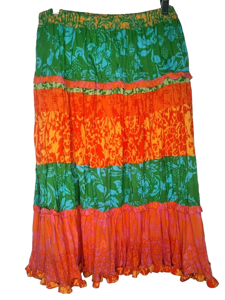 Sigrid Olsen Bright Hawaiian Boho Layered Skirt W/ Ruffles Reto Orange & Pink Lg - Image 4 of 4
