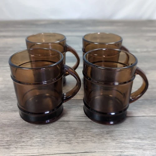 Vintage Anchor Hocking Fire King Brown Glass Barrel Coffee Mug Cup Set Of 4