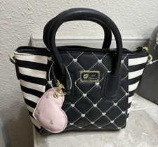 Betsey Johnson Black And White Striped Quilted Top Handle Bag Heart Charm