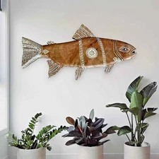 Fish Wood Carving Sculpture Wall Mount Bohemian Henna Design