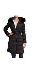 Diane Von Furstenberg Long  Down Puffer Coat Faux Fur Trim Funnel Neck Belted SM