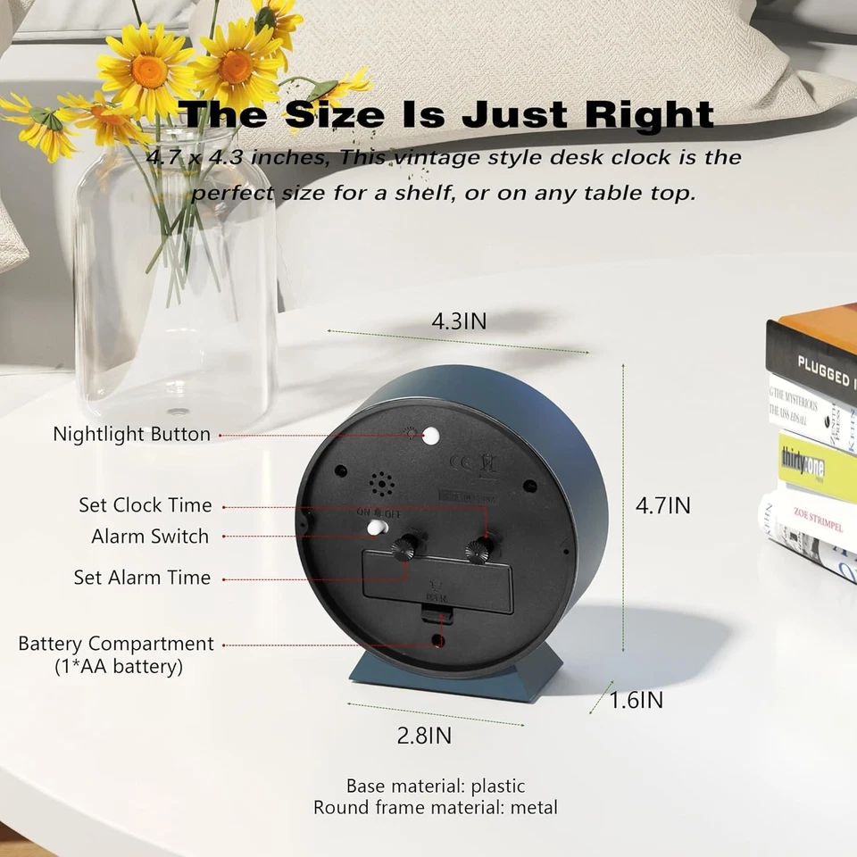 AYRELY® 4.5" Reloj Despertador Analógico,Pequeño Reloj de Escritorio Retro Batería Rosa Foto 2 de 4