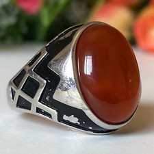 Men 925 Silver Ring Genuine Blood Yemen Aqeeq Agate Handmade Design