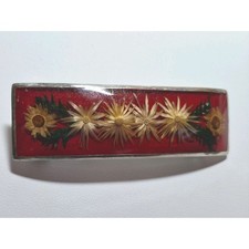 Vintage Hecho En Mexico Dried Flower Resin Barrette Red Silver Tone Hair Clip