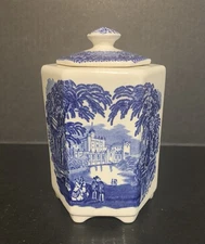 Vintage Mason's Vista Blue Hexagon Tea Caddy with Lid - 6.5” Tall - Excellent