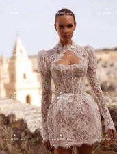 beach wedding dresses knee length Long-Sleeves Deep V-Neck A-Line Boho Beach Wedding Dress Knee-Length Bride Gowns with Belt Ivory / US8