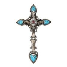 Rustic Western Turquoise Wall Cross   Brown Resin Cross with Faux Turquoise Gem