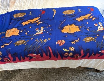 Vintage FIjI Souvenir Map PRINT Large Fabric Panel Or Oversized Beach Beach Wrap