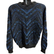 Vintage Michael Gerald Sweater Mens L Blue Black Abstract Knit Pullover 90s