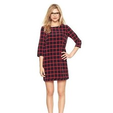 Gap Shift Dress Womens Small Black Red Window Pain Grid Pattern 3/4 Sleeve Midi