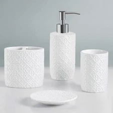 Ceramic Bathroom Set, Vanity Decor Storage Organizer, Embossed Damask Medalli...