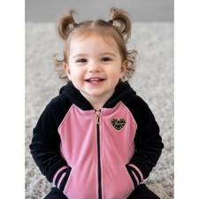 Juicy Couture Girls 4T Pink Black Velour Full Zip Hoodie Jacket Heart Logo