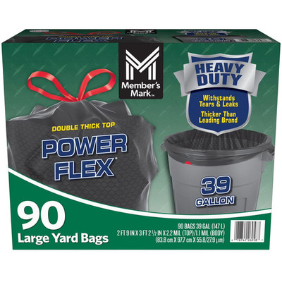 Member's Mark 39 Gallon Power Flex Drawstring Yard Trash Bags 90 ct. Fast Ship.
