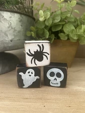 Halloween Ghost Skull Spider wood block signs Set 3 Tray Decor
