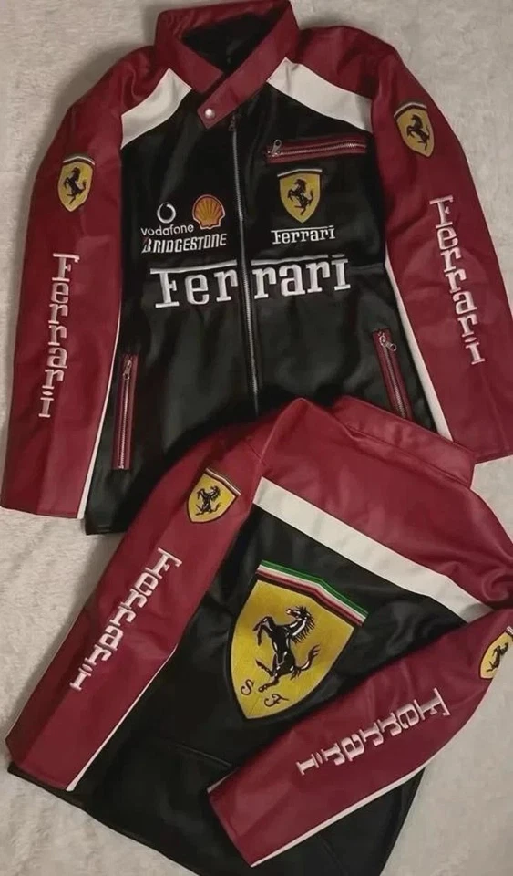 Chaqueta de motociclismo de cuero de carreras de F1 vintage bordada Ferrari años 90 roja Foto 3 de 4