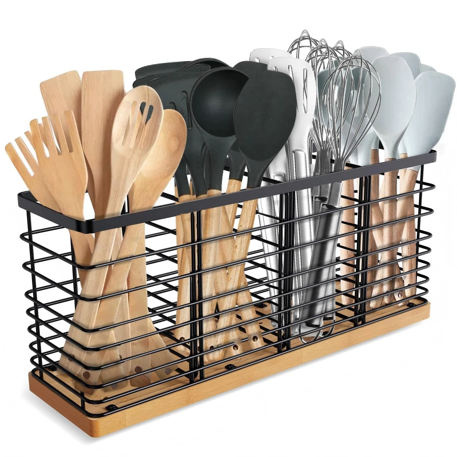 Extra Large Kitchen Utensil Holder Countertop with 4 Compartments,Matte Black...